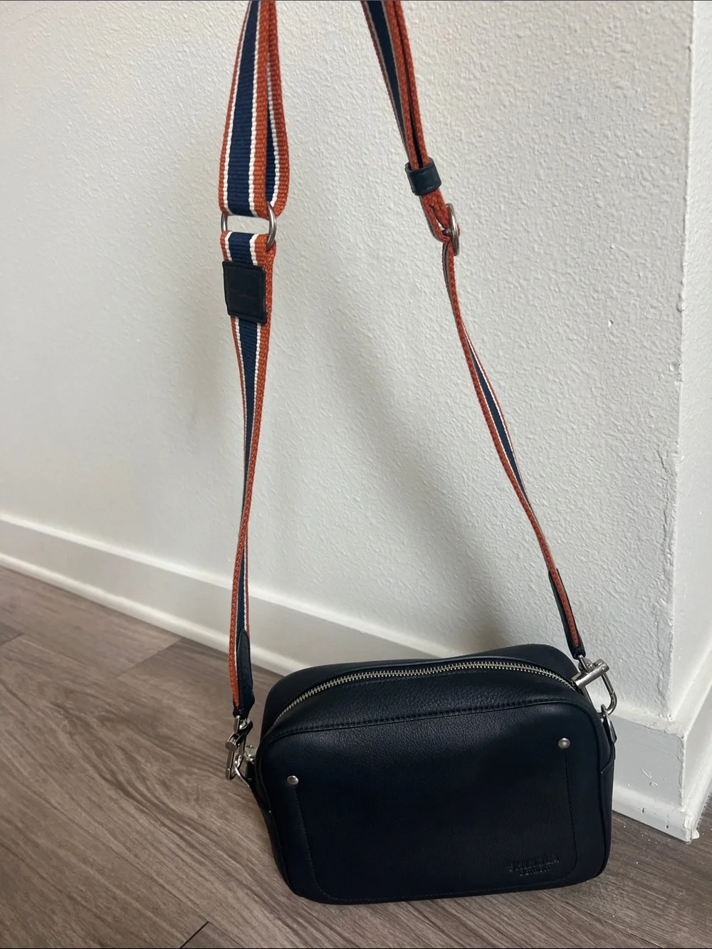 Shinola Camera Crossbody Bag Black with Navy, White & Rust Strap